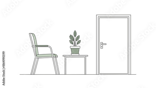 A minimalist line art depicts an empty waiting area with a chair, a small side table holding a potted plant, and a closed door, suggesting a simple, uncluttered space.