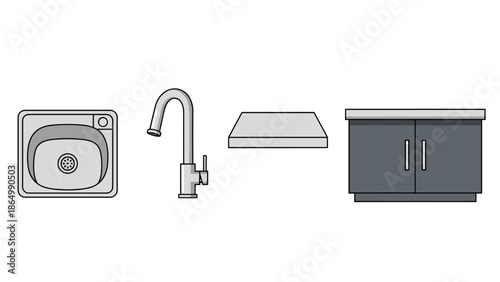 A versatile set of kitchen components includes square stainless steel sink, modern pull-out faucet, sleek wall-mounted range hood, and a functional two-door base cabinet.