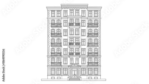A detailed front elevation of a classic multi-story apartment building, meticulously rendered in outline, shows ornate architectural details, windows, and balconies.
