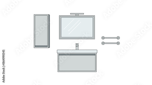 A stylish collection of bathroom fixtures includes a wall-mounted cabinet, rectangular mirror with light bar, contemporary sink vanity unit, and two essential towel bars.