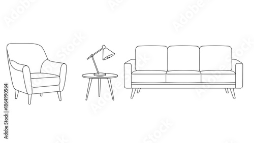 A comprehensive outline illustration of living room furnishings includes a single armchair, small side table with desk lamp, and a three-seater sofa.