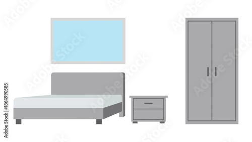 A simplified illustration showcasing essential bedroom furniture items, including a comfortable bed with a headboard, a convenient bedside table, and a spacious wardrobe.