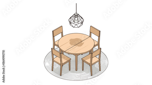 An isometric line art illustration depicts a modern dining area with a round wooden table, four matching chairs, a geometric pendant light, and a patterned round rug.