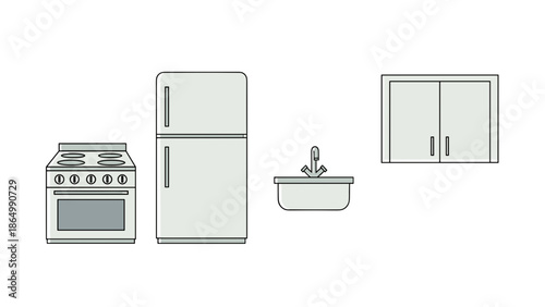 This minimalist line art shows essential kitchen appliances: a stove, refrigerator, a sink, and a simple upper cabinet, emphasizing a basic functional layout.