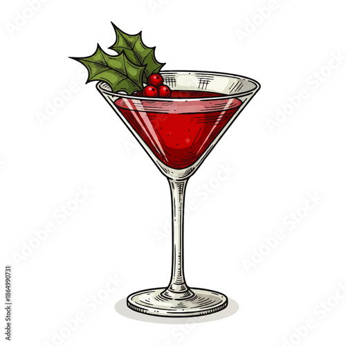 Vintage Hand Drawn Icon of Classic Highball Cocktail with Holly in Martini Glass