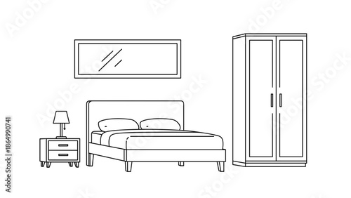 Clear outline illustration presents a minimalist bedroom, featuring comfortable bed, nightstand with lamp, rectangular mirror, and spacious wardrobe for modern living.