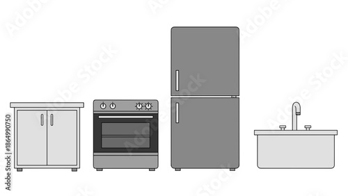 Clean line art shows essential kitchen elements: a lower cabinet, modern stove, tall refrigerator, and practical sink, emphasizing daily functionality.