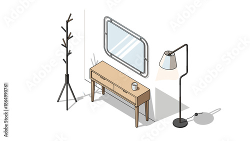 Isometric illustration depicts modern entryway setup: a coat tree, console table with decor, rectangular mirror, and a floor lamp with a visible cord.