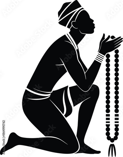 Kneeling African Figure with Praying Hands Holding Rosary Beads in Gesture of Religious Devotion and Folded Palm