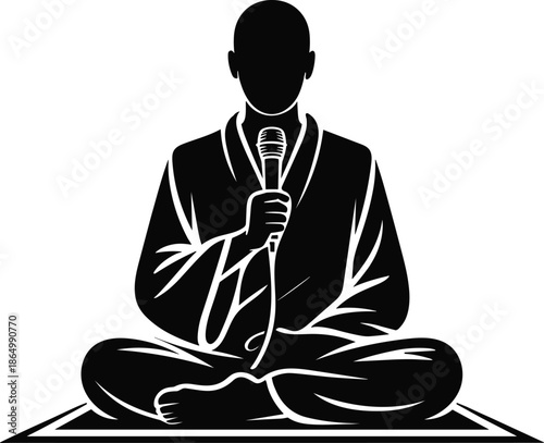 Man in lotus position with folded hands holding microphone meditating vector graphic design for website on transparent background