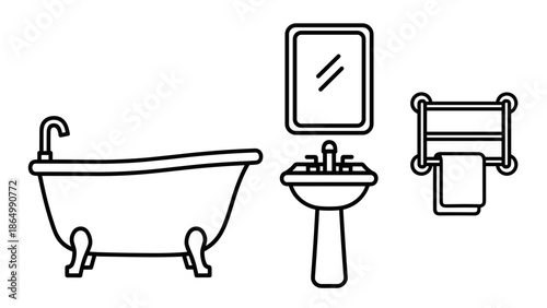 A clean, black and white line art illustration displays essential bathroom fixtures, including a classic bathtub, a pedestal sink with a mirror, and a towel rack.