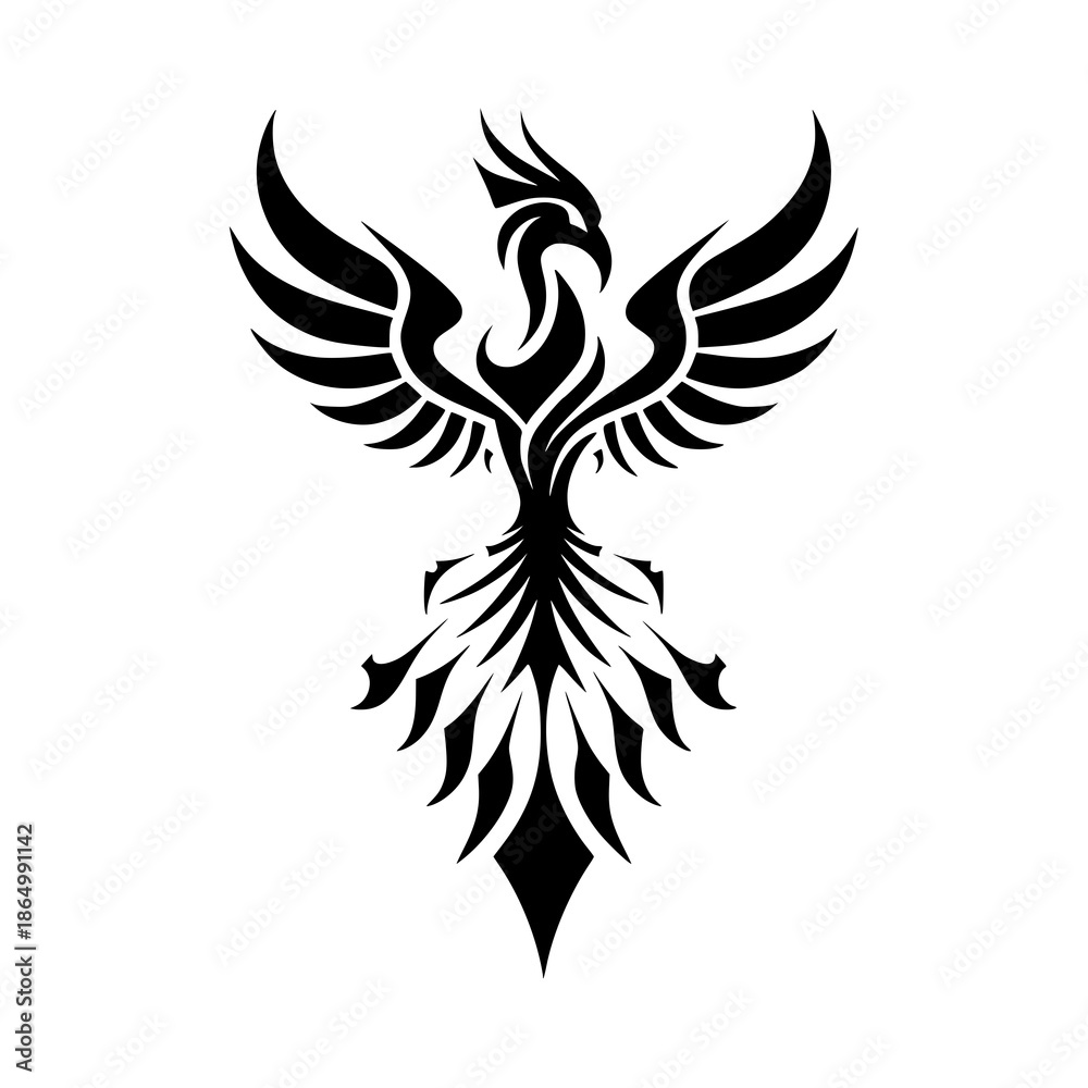 Obraz premium Majestic phoenix rising with fiery wings spread wide in black
