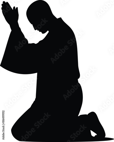 Silhouette of kneeling person praying with folded hands expressing prayer and gesture in dark shape showing upward hands in full length