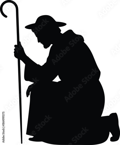 Silhouette Of Praying Man Kneeling In Supplication With Hand Holding Staff Hopeful Gesture With Folded Palm And Fingers Upward Praying Hand