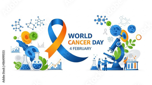 World Cancer Day illustration with blue and orange ribbon medical research elements and scientific icons symbolizing awareness and hope for February 4th