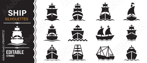 Nautical ship silhouettes collection of boats yachts and cargo vessels