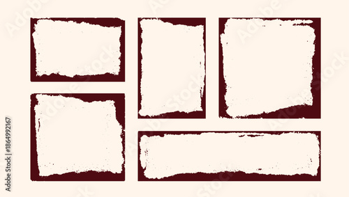 Set of grunge frame templates in rough hand-drawn style. Dirty textured rectangular borders in earthy red tone. Vector clipart for retro posters, invitations, or greeting cards.