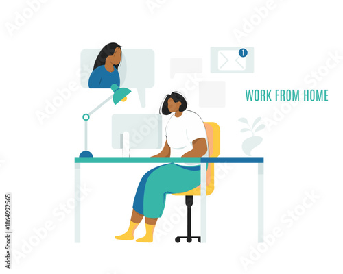 A flat vector illustration of a woman working from a home office desk, participating in a video call and checking emails.