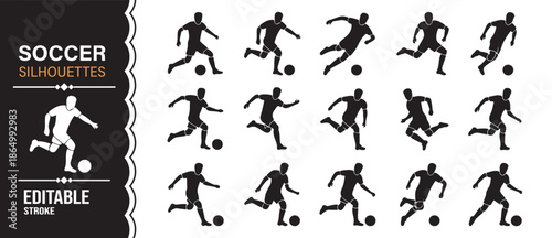 Editable soccer player silhouettes showing kick run and jump actions