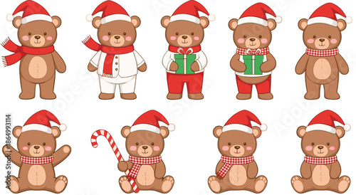 Cute Christmas Bear Cartoon Character Set with Santa Hat Scarf Gift and Candy Cane Vector Illustration