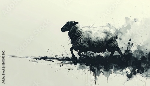 A vibrant ink painting of a sheep drawn with a brush　筆で描いた躍動する羊の墨絵