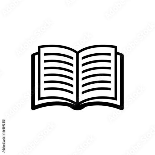 A minimalist line art vector image of a wide-open book with visible text lines, symbolizing the act of reading, active study, and the open sharing of knowledge