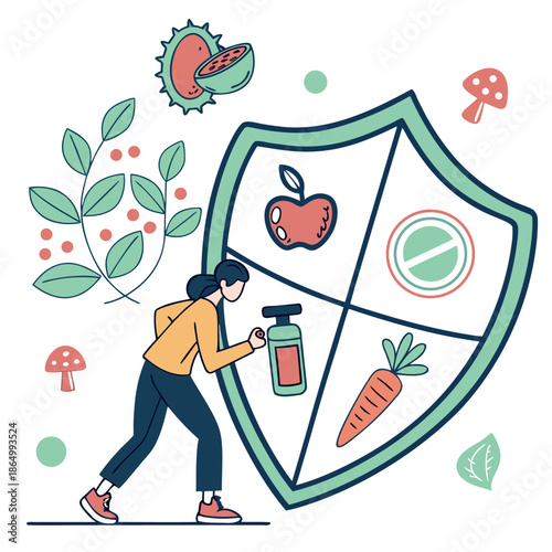 Shield with vitamins represents immune system health and protection