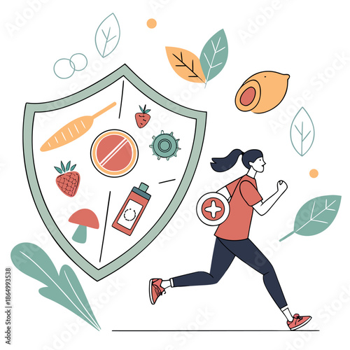 A colorful shield protecting vitamins symbolizing immune system health and wellness