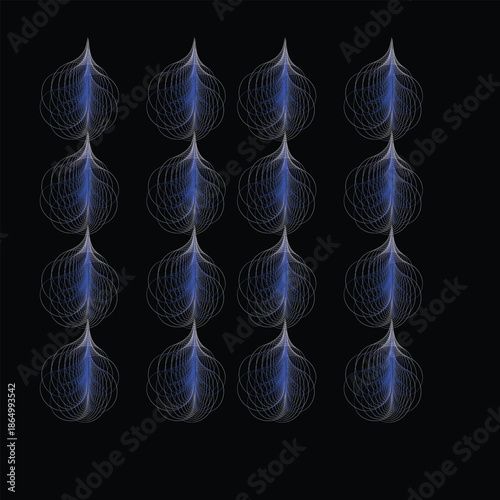 Intricate geometric mesh patterns arranged in symmetrical grid on black background