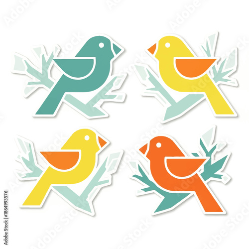 Decorative birds perched on branches in a vibrant and colorful illustration