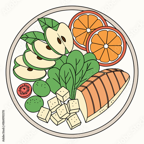 A colorful and nutritious plate displaying a balanced diet selection