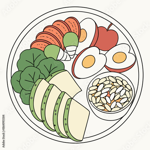 A detailed illustration depicts a healthy balanced meal on a plate