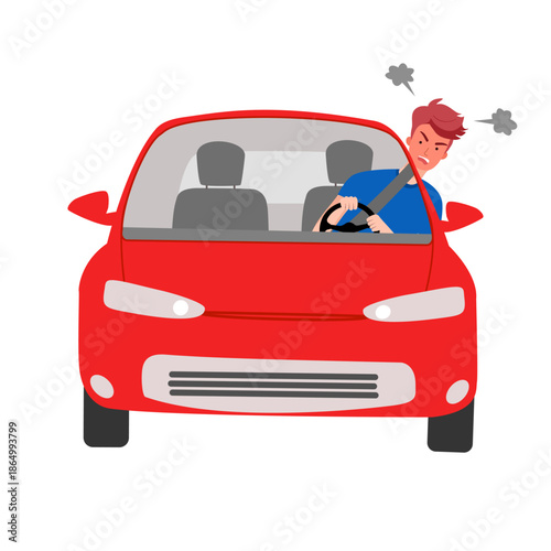 Angry driver in flat design on white background. Road rage concept vector illustration.
