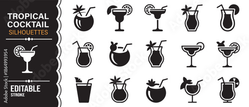 Summer tropical beverage silhouettes with mixed alcohol drinks vector set