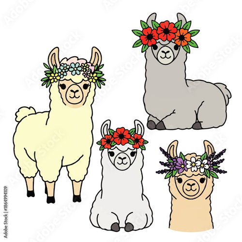 Four llamas adorned with floral crowns in a serene white background illustration