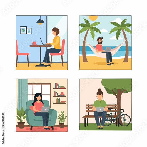 Flat Illustration of People Working Remotely in Different Locations Set