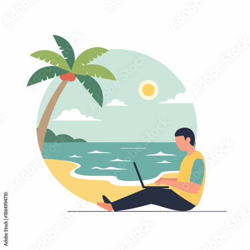 Flat Illustration Man Working Remotely On the Beach with Laptop