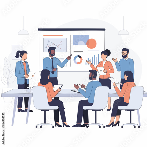 Flat Illustration of a Team in a Business Meeting with Presentation