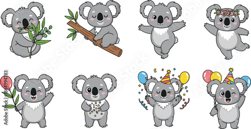 Cute Koala Cartoon Character Set with Party Celebration Nature Poses and Accessories Vector Illustration Collection