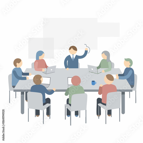 Flat Illustration Business Meeting Around Table with Leader Presentation at Office