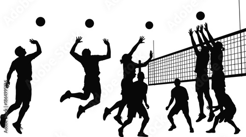 Volleyball players silhouette jumping and blocking at net, competitive team sport action scene, isolated black figures on white background illustration