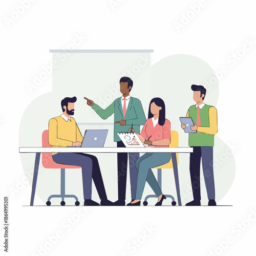 Flat Design Meeting Discussion Business Presentation with Multicultural Team Illustration