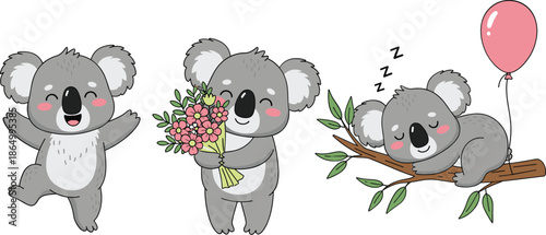 Cute Koala Cartoon Character Set with Sleeping Hugging Flowers and Happy Poses Vector Illustration