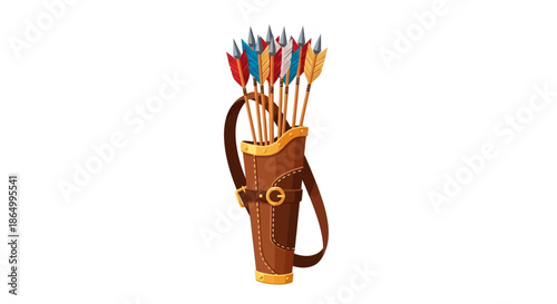 A traditional brown leather arrow quiver, fully packed with vibrant, multicolored fletched arrows. Essential archery equipment ready for hunting or target practice