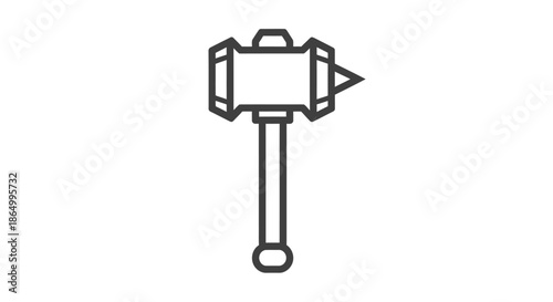 A stylized line drawing of a hammer with a pointed metal head and a simple handle, representing tools and strength