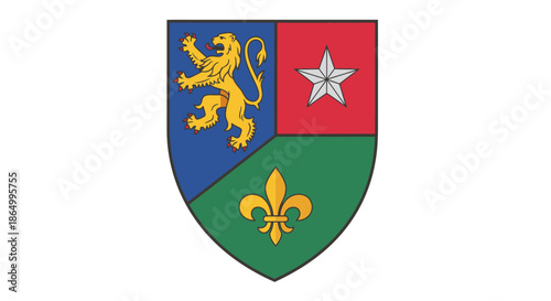 Heraldic shield with lion and fleur-de-lis emblem representing heritage and valor
