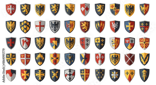 Collection of Heraldic Shields with Coats of Arms and Symbols Representing Lineage and Nobility