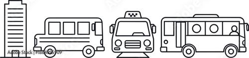 Public transportation line icon set vector illustration featuring city building bus taxi and tram vehicles for urban mobility, transit systems, and smart city design concepts