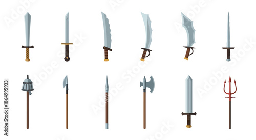 Collection of medieval swords and historical weapons for combat and warfare