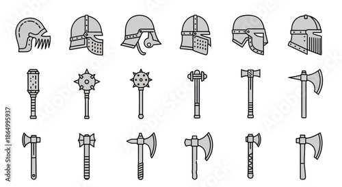 Set of medieval knight helmets and weapons for battle